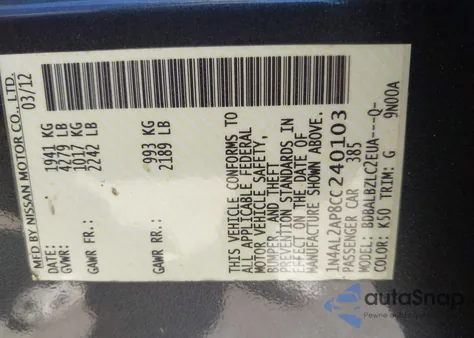 2012 Nissan Altima 2.5 S z USA, uszkodzony, nr VIN 1N4AL2AP8CC240103